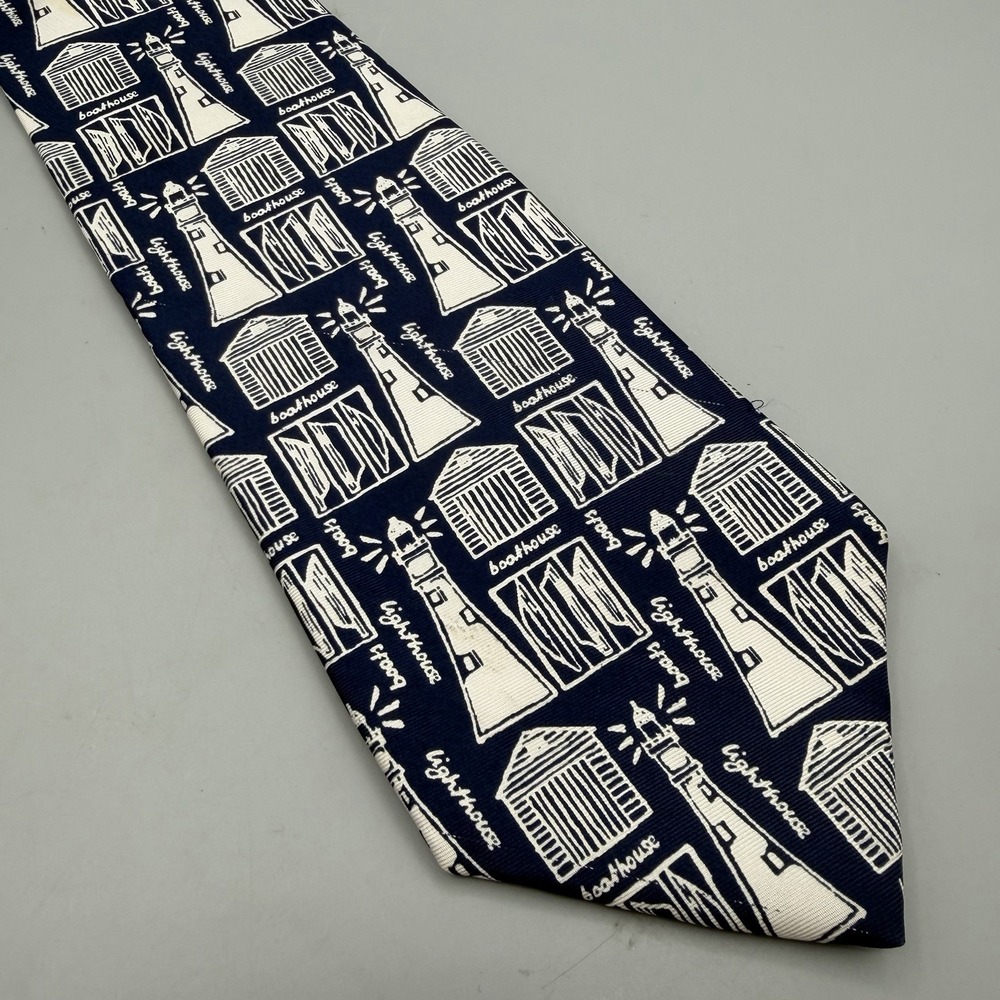 Vintage 90s GAP Novelty 100% Silk Tie Necktie Lighthouse Boathouse Nautical